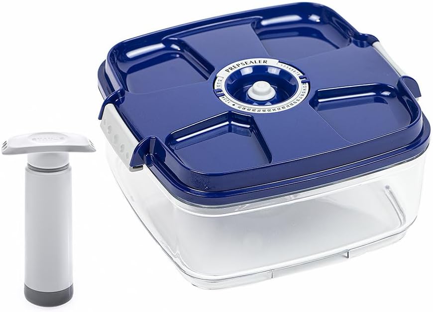 PrepSealer Marinating Vacuum System Container-Makes Food Tastier, Juicier, Healthier and More Tender (2 Liter, Square Shape, Tritan Material, Blue Color, Manual Hand Pump Included)