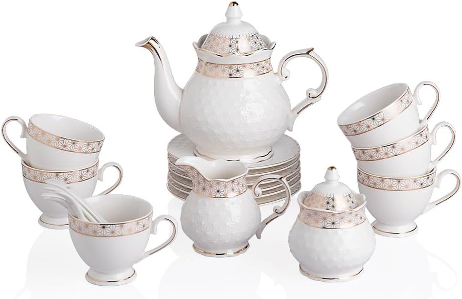 Sweejar 21 Pieces Porcelain Tea Set, Vintage Gold Trimmed Teapot Cup and Saucer Set, Tea Cup for Loose Tea, Sugar Bowl and Creamer Pitcher with Spoons, Service for 6(Classic Gold)