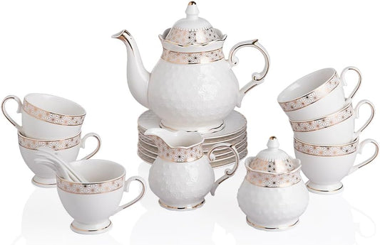 Sweejar 21 Pieces Porcelain Tea Set, Vintage Gold Trimmed Teapot Cup and Saucer Set, Tea Cup for Loose Tea, Sugar Bowl and Creamer Pitcher with Spoons, Service for 6(Classic Gold)