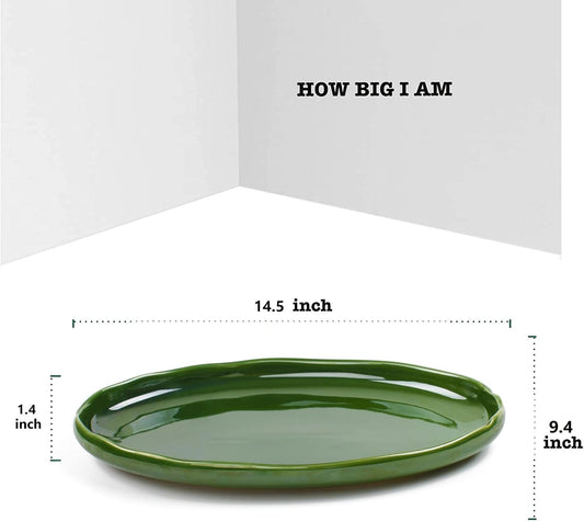 vicrays Ceramic Serving Platter Tray - Extra Large Oval 14.5 Inch Porcelain Dinner Plates Long Serving Dish Set - for Party Restaurant Food Meat Sushi Fish Turkey Platter - Green