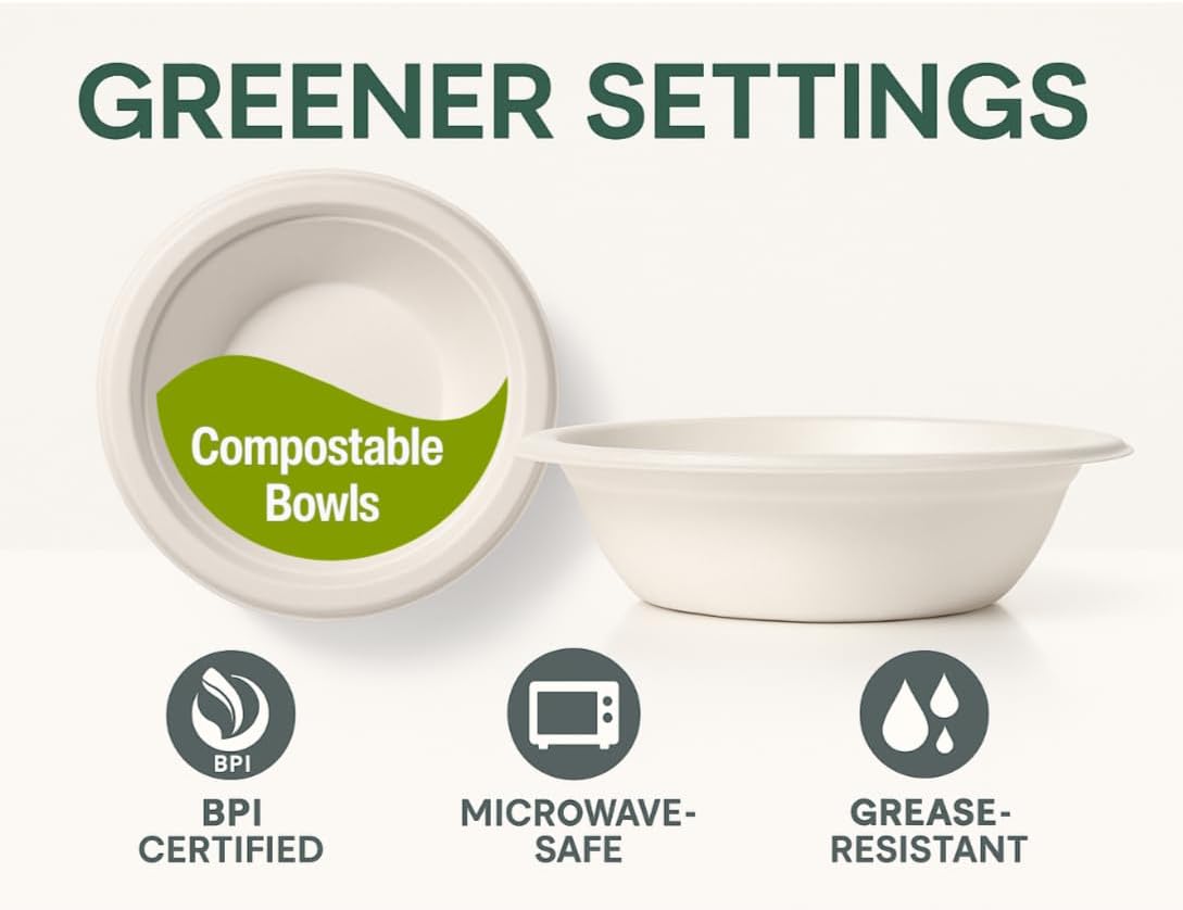 12 oz Compostable Paper Bowls - Heavy Duty Sugarcane, Biodegradable, Microwave & Leak-Resistant, 125 Count