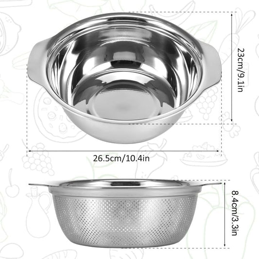 Stainless Steel Microporous Colander for Kitchen, 2.5QT Large Capacity, Colander and Bowl Set of Two, Stainless Steel Drain Basket with Mixing Bowl, for Washing Fruits and Vegetables