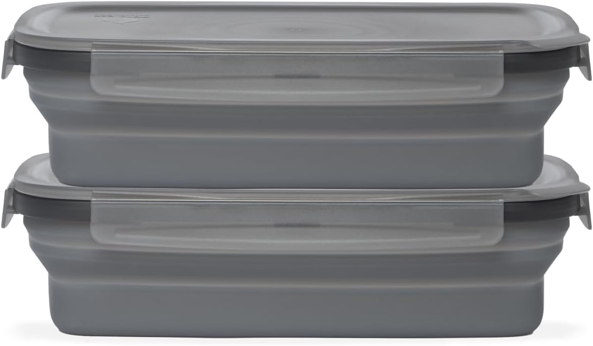 Drip EZ Secondz Collapsible Food Storage Containers – Set of 2, Space-Saving Airtight Meal Prep & Leftover Containers – Microwave, Freezer & Dishwasher Safe, BPA-Free, Locking Lids – Charcoal