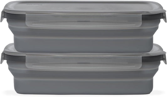 Drip EZ Secondz Collapsible Food Storage Containers – Set of 2, Space-Saving Airtight Meal Prep & Leftover Containers – Microwave, Freezer & Dishwasher Safe, BPA-Free, Locking Lids – Charcoal