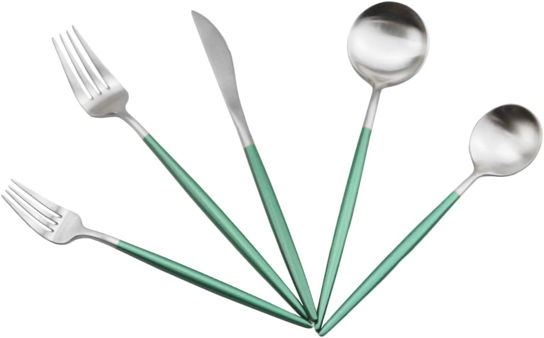 JASHII Silverware Sets, 5-Piece Flatware 18/10 Stainless Steel Heavy Weight Forged Cutlery Eating Utensils Forks Spoons Knives Set Tableware Service for 1 Matte Finished (Green & Silver)