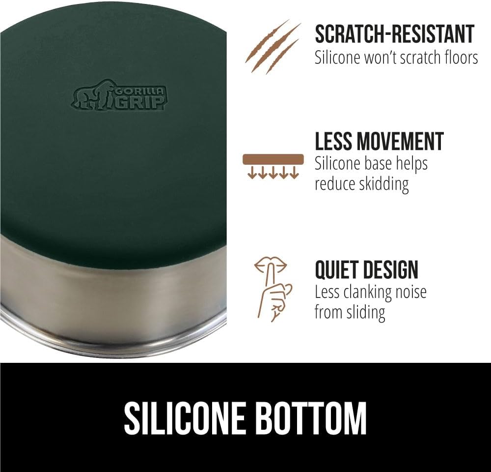 GORILLA GRIP Set of 2 Dog Bowls, Heavy Duty Metal Food and Water Bowl for Feeding Dogs and Cats, Dishwasher Safe, Rust Resistant Stainless Steel, BPA Free Rubber Base, Holds 1 Cup (8 fl oz), Green