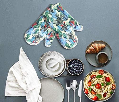 Oven Mitts Set of 2 with Transparent Clear Silicone Shell and Nice Cactus Flower Cotton Lining, Heat Resistant to 500 F Kitchen Oven Gloves Pot Holder for Cooking (Cactus Flower, Oven Mitts)