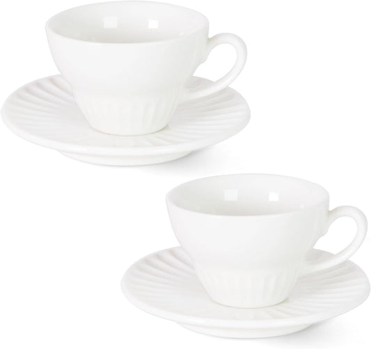2 oz White Espresso Cups Set of 2, Ceramic Cappuccino Cups with Saucers, Durable Porcelain Tea Set & Modern Coffee Cup Collection, Coffee Lover Gifts