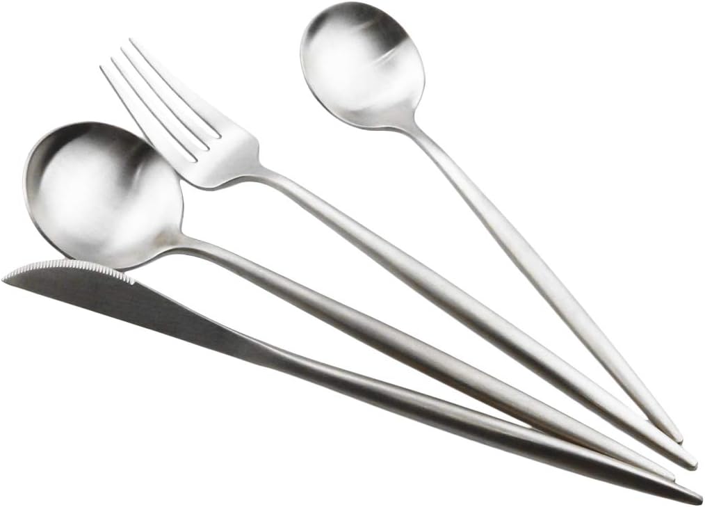 Gugrida Luxury Flatware, Royal 20 Piece Matte White Handle 18/10 Stainless Steel Tableware Sets for 4 Including Forks Spoons Knives, Camping Silverware Travel Utensils Set Cutlery (Full Silver)