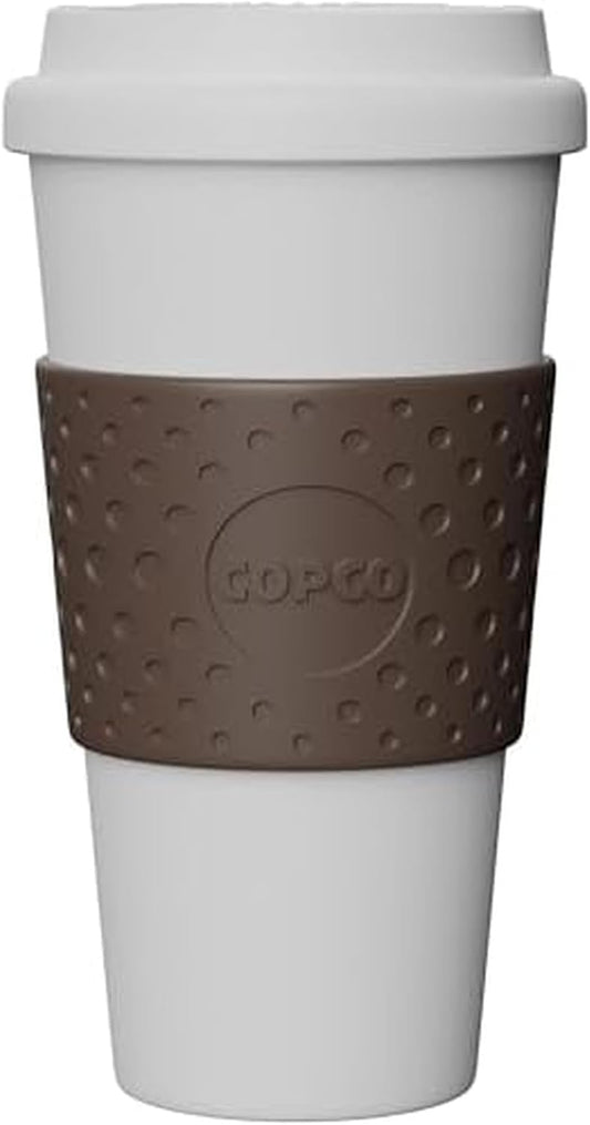 Copco Acadia 16 oz Reusable To-Go Travel Mug - BPA-Free Insulated Coffee Cup with Double-Wall Insulation, Spill-Proof Lid & Non-Slip Rubber Grip - Microwave & Dishwasher Safe (White/Brown)