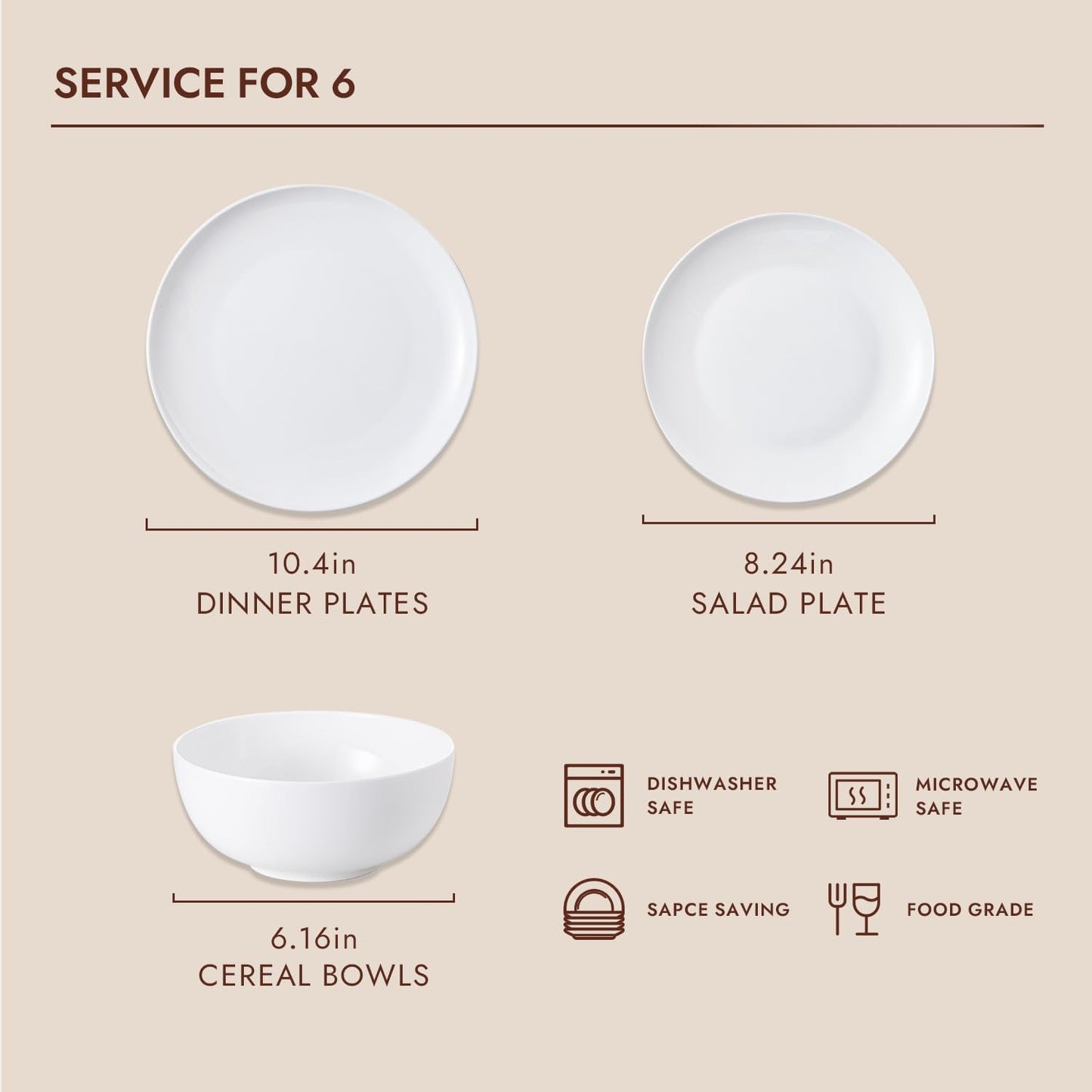 KINGSTONE Bone China Dinnerware Sets, 18-Piece Dinnerware Set for 6, Lightweight Durable, Dishwasher Safe, Tableware for Daily Use with Elegant Design, White