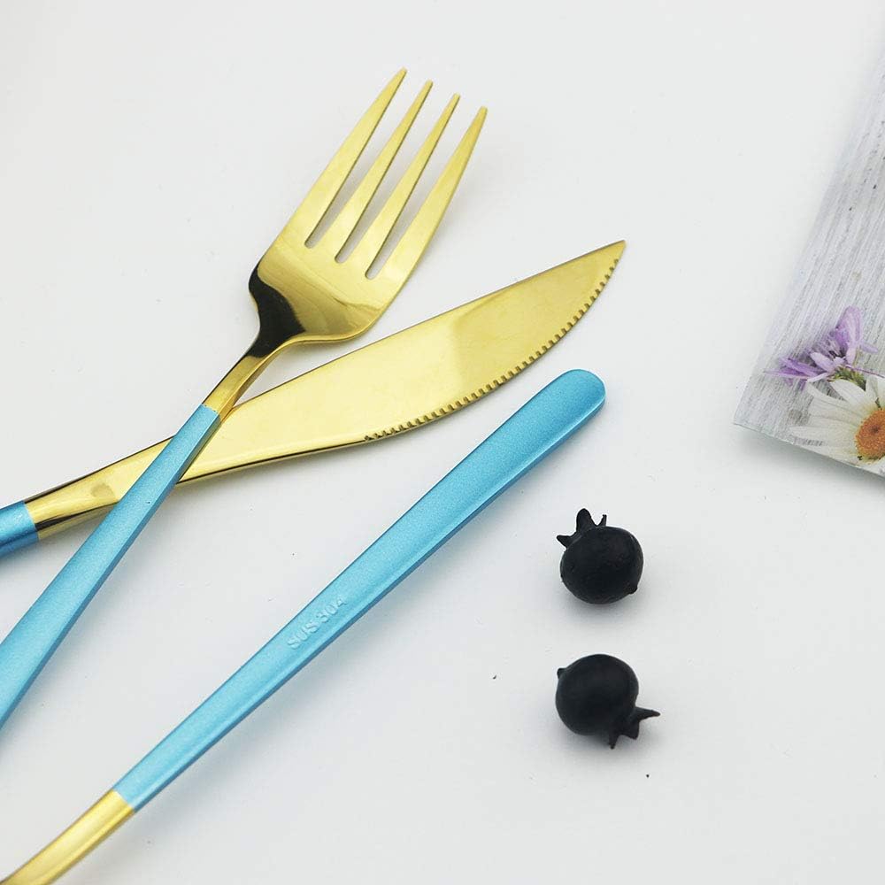 JASHII 20-Piece Silverware Set with Serving Utensils, SUS304 Stainless Steel Flatware Cutlery Set for 4, Eating Utensil Tableware Sets, Mirror Finish(Blue gold)