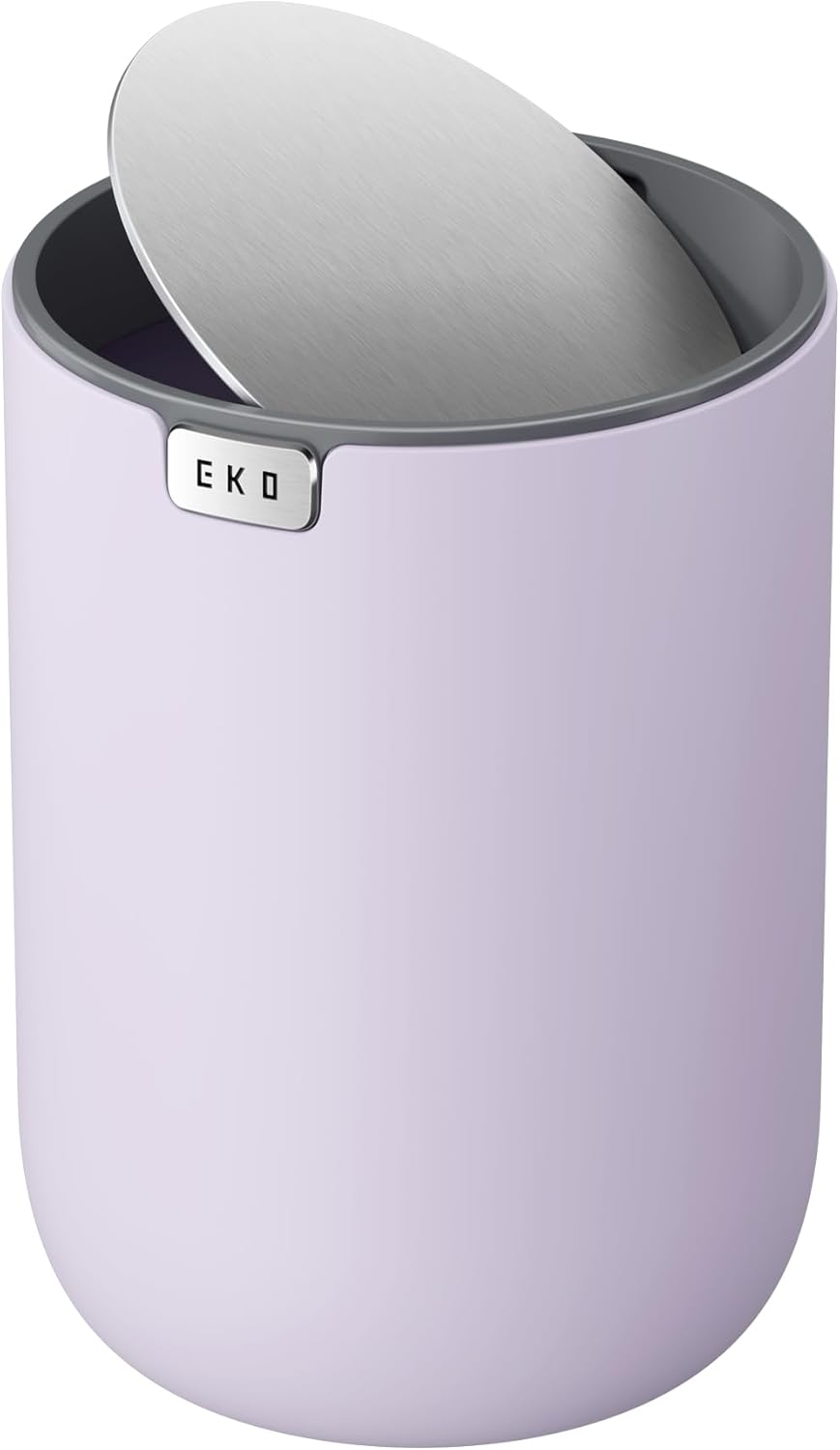 EKO Mini Desk Trash Can with Swing-Top Lid 0.4 Gallon Small Table Round Wastebasket for Office, Home, Car (Lavender)