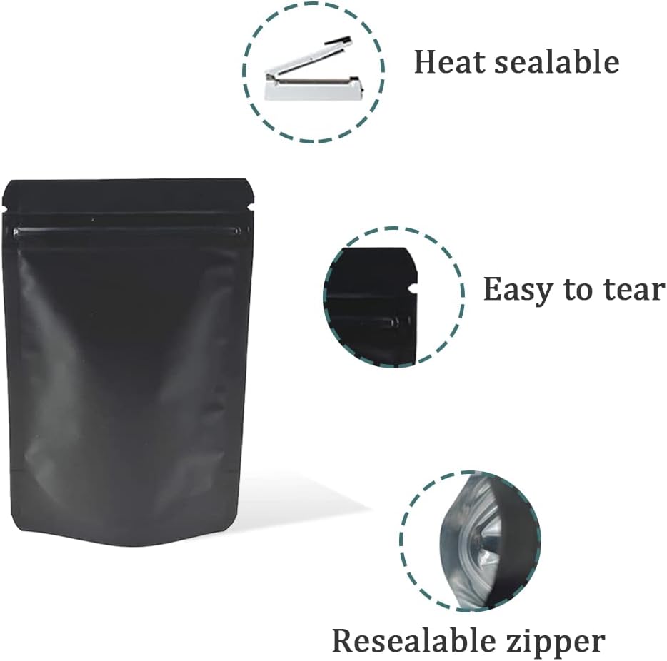 PABCK 50 Pieces 4.3x6.3 inch(Inside Size 3.5x3.9 inch) Stand-Up Resealable Heat Seal Bags 3.55mil Thick Frosted Black Foil Sealed Bags for Zip Packaging Lock Food Storage Pouch
