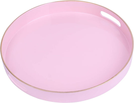 Zosenley Decorative Round Plastic Tray With Handles, Modern Vanity Serving Tray for Ottoman, Coffee Table, Kitchen and Bathroom - Size 13' Pink