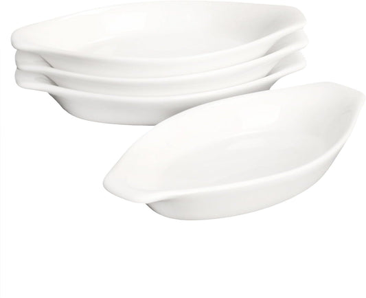 4" x 3"Ceramic Mini Oval Au Gratin Baking Dishes 3.5 oz, Set of 4 Banana Split Bowls,Oven and Microwave Safe, for 1 person servings, Bakeware with Handle(6.5 IN) for Kitchen and Home