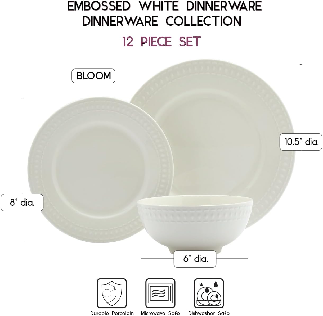 Tabletops Gallery Embossed White Porcelain Round Dinnerware - Bloom 12 Piece Dinnerware Set