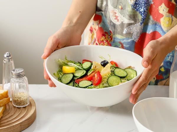 Hasense 40 OZ Salad Bowls Set of 4, Ceramic Serving Bowls for Kitchen, 9 Inch Ceramic Bowls Microwave and Dishwasher Safe for Ramen, Salad, Fruit, Pasta and Side dish, White