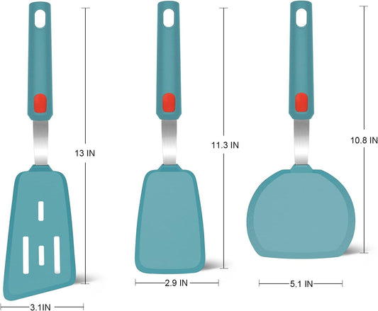 Beijiyi Silicone Spatula Turner Set of 3, 600°F Heat Resistant Nonstick Turner Spatulas for Kitchen Use, Large Flexible Silicone Cooking Utensils Rubber Spatula Set for Egg, Pancake, Fish (Blue)