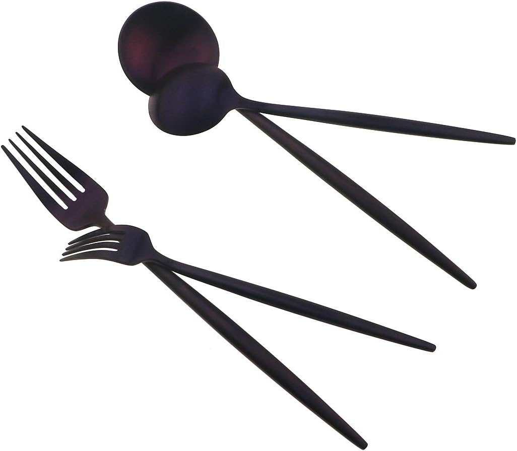 Gugrida Luxury Silverware Royal Cutlery Set - 24 Piece Flatware Set - Service For 4 18/10 Stainless Steel - Matte Purple Finish w/Drinking Straw