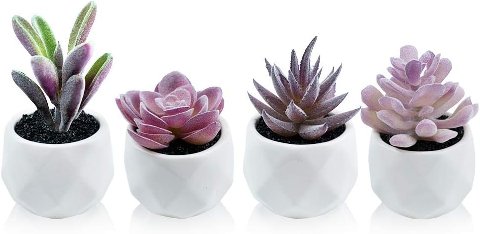 Tiita Purple Artificial Faux Succulents in Pots, Mini Purple Fake Plants for Women Desk, Small Realistic Faux Succulents for Home Office Accessories Window Sill Bathroom Bedroom 4 Set