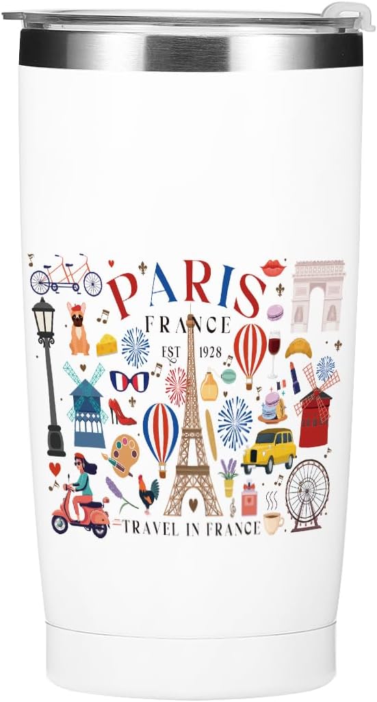 Paris Travel Gifts for Women Tumbler, 20 oz Stainless Steel Coffee Mug，Insulated Cup with Lid for Car, Travel Essentials Gifts for Women Men Traveler France Paris Lover Friendship Birthday Christmas