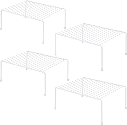 Kitchen Cabinet Storage Shelf Rack/Plastic Feet - (13.1 x 10.2 Inch) - Steel Metal - Rust Resistant Finish - Cups, Dishes, Cabinet & Pantry Organization (4, White)