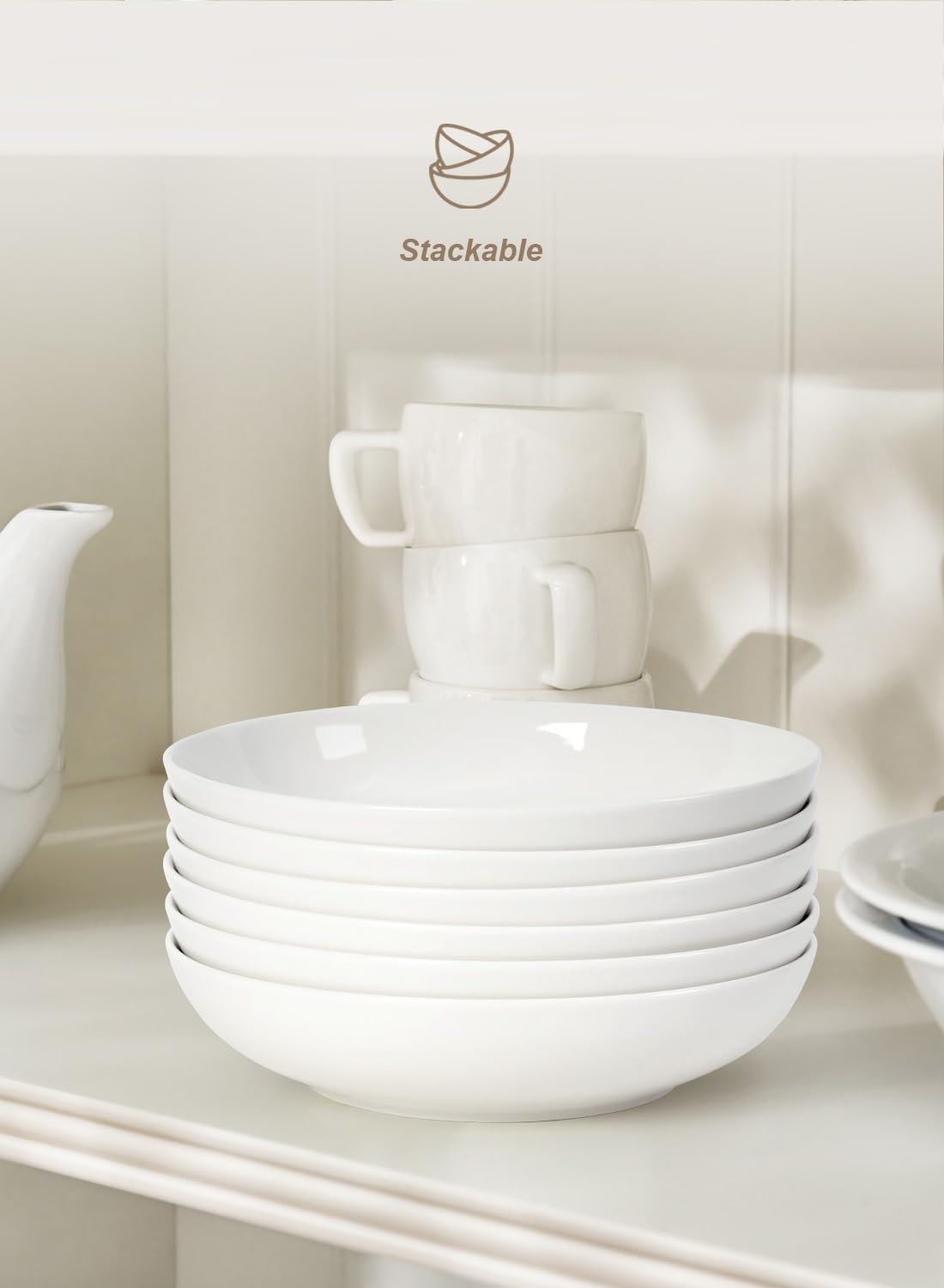 Quatish 35oz Pasta Bowls Set of 6, 8.5" Large Salad Bowls Soup Bowl for Kitchen, Microwave & Dishwasher Safe, Porcelain Wide and Shallow Serving Bowl, White Dinner Plates, Dinnerware Set, Gift