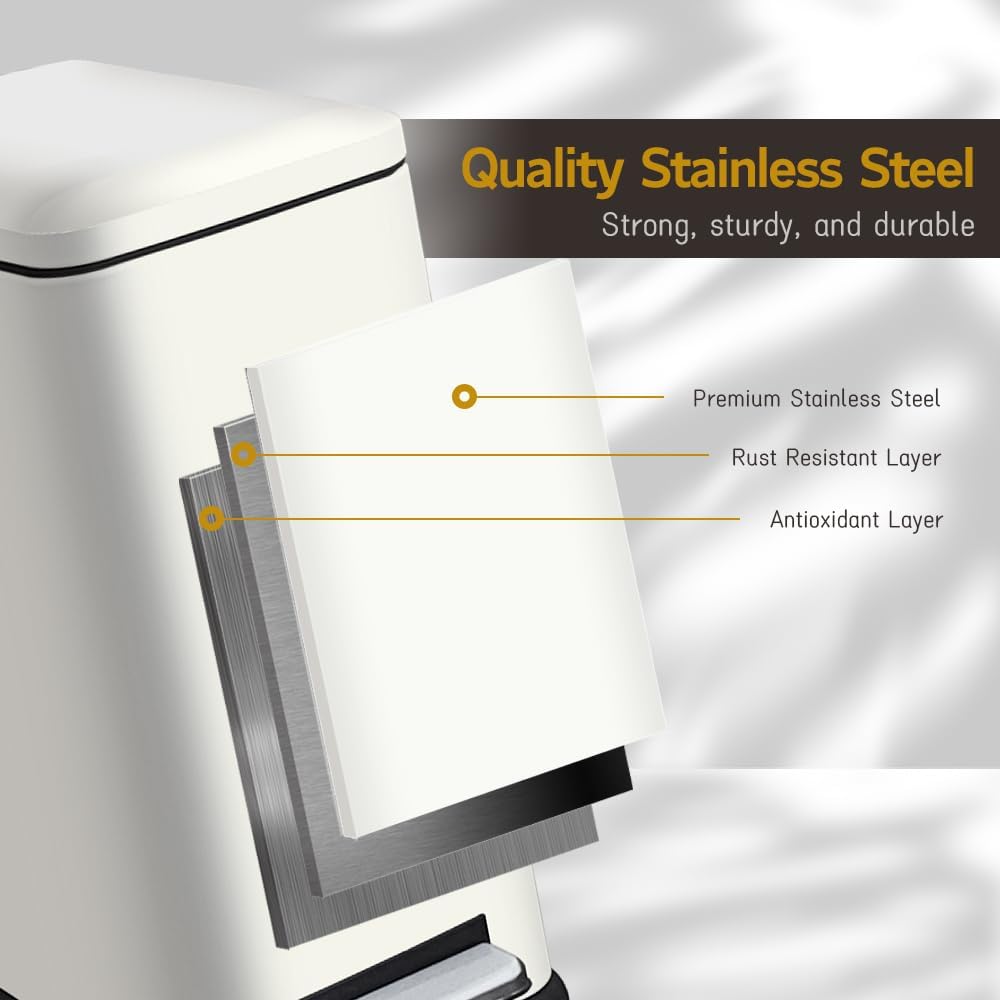 White 10L/2.6 Gallon Bathroom Trash Can with Lid,features a removable inner bucket, a soft - close lid, and a stainless - steel step pedal,ideal for use in the bathroom, kitchen, and home office.