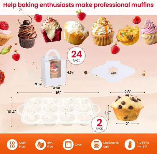 Silicone Muffin Pans for Baking with Metal Reinforced Frame 2 Pack with 24 Pack Individual Cupcake Containers, Nonstick Silicone Cupcake Pan for Baking Homemade Muffins, Dishwasher Safe BPA Free