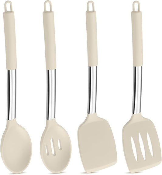 P&P CHEF Khaki Kitchen Cooking Utensil Set of 4, Silicone Solid Spatulas Slotted Spoons Turners for Non-stick Cookware Flipping Mixing, Heat-proof