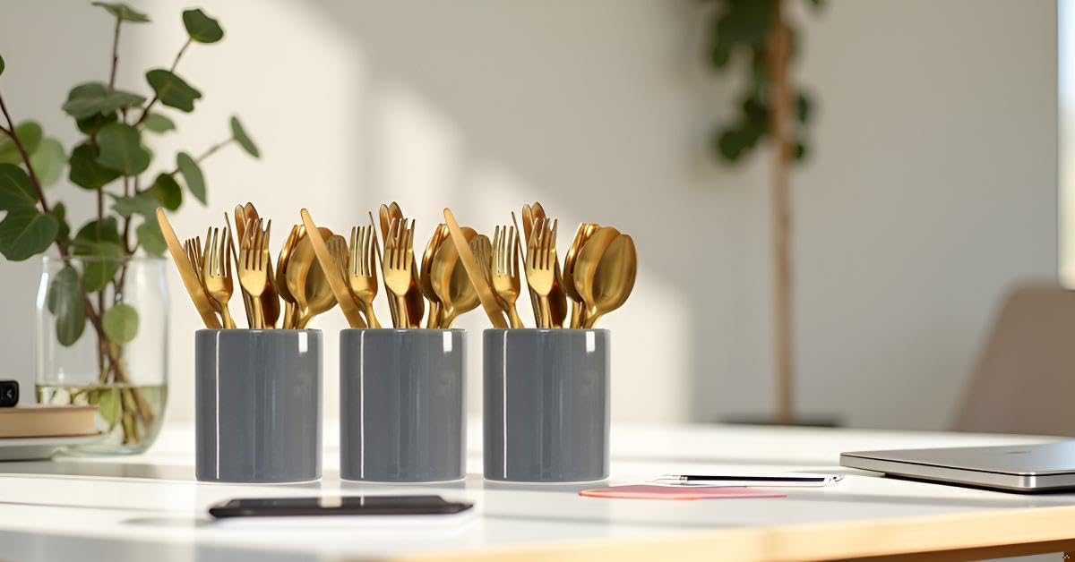 Silverware Holder for Wedding Parties Home Grey Ceramics Silverware Caddy