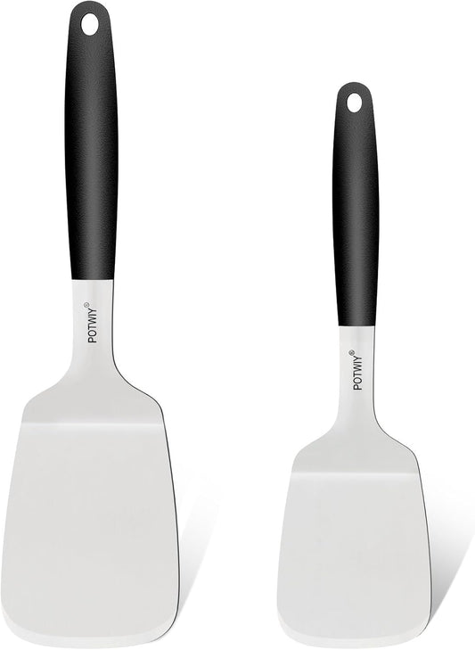 2-Piece Stainless Steel Spatulas Set, 13.3" & 11.3" Metal Spatula for Cooking Cast Iron Skillet and Flat Top Grill, Heavy Duty Turner with Silicone Handle for Flipping Steak, Burgers, Pancake