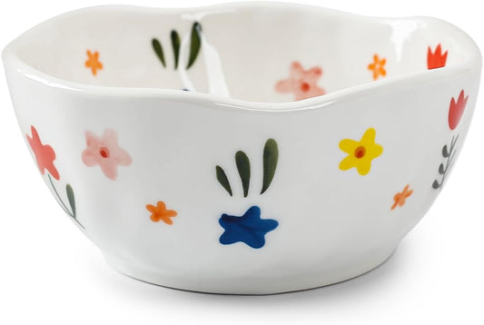 Koythin Ceramic Cereal Bowl, Cute Flowers Pattern Kitchen Bowls for Cereal, Salad, Pasta, Soup, Dessert, Serving, Home Decor, Microwave and Dishwasher Safe (White Floral Fragments)