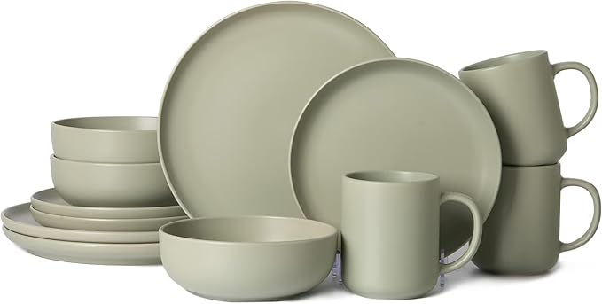12-Piece Matte Green Dinnerware Set,Stoneware Dinnerware for 3, Microwave & Dishwasher Safe, Stackable Design for Kitchen and Dining - Plates,Bowls and Mugs