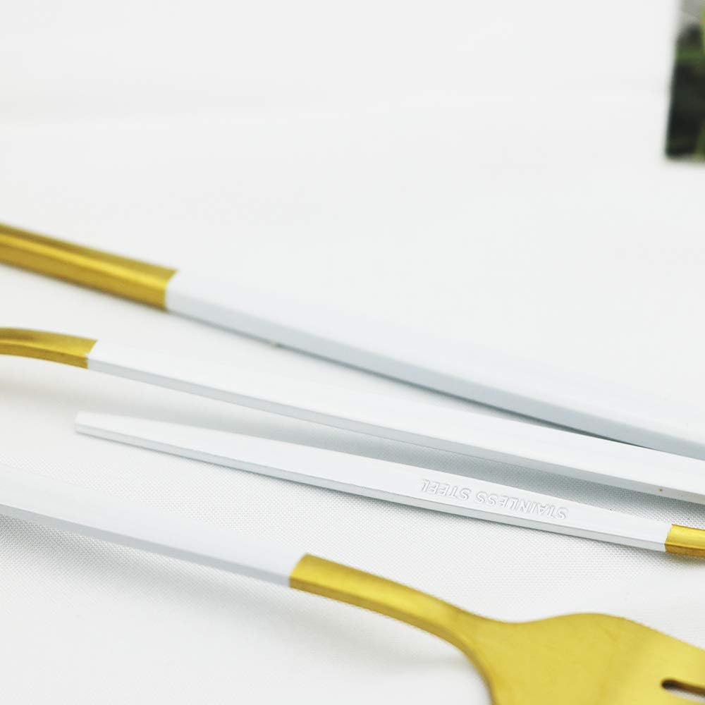 JASHII Silverware Set 36 Piece Food Grade Stainless Steel Flatware Set Fork Spoon Knife Utensils for Daily Use and Party, Service for 6 Anti Rust, Safe in Dishwasher (Matte White handle gold)