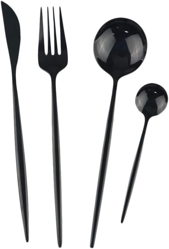 24-Piece Flatware Set, 18/0 Stainless Steel Knife Fork Spoon Teaspoon Silverware Set, Service for 6, Mirror Black
