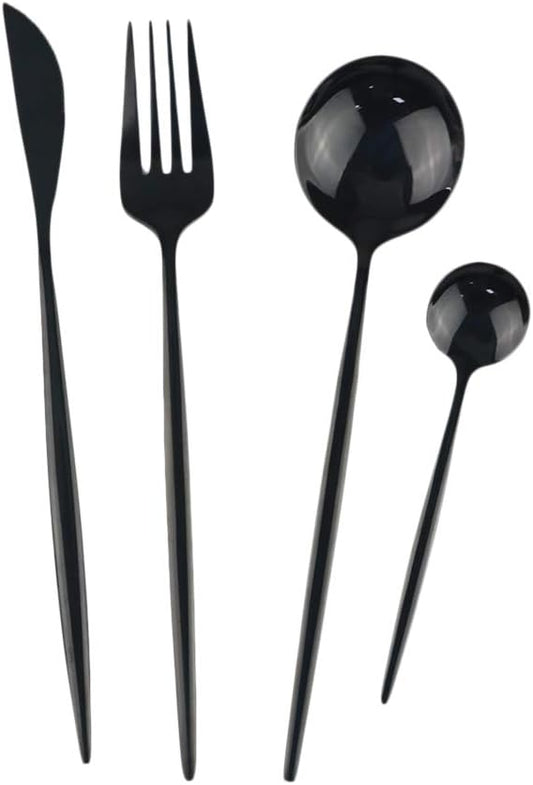 24-Piece Flatware Set, 18/0 Stainless Steel Knife Fork Spoon Teaspoon Silverware Set, Service for 6, Mirror Black