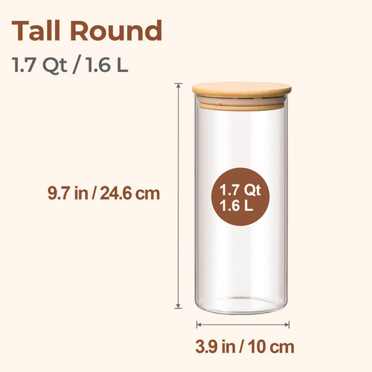 ComSaf 1.7 Qt Glass Storage Containers with Lids, Glass Jars with Lids, Clear Food Storage Jar, Round Canister Set of 3, Pantry Organizers for Pasta Flour Cookie Rice Tea Coffee Bean