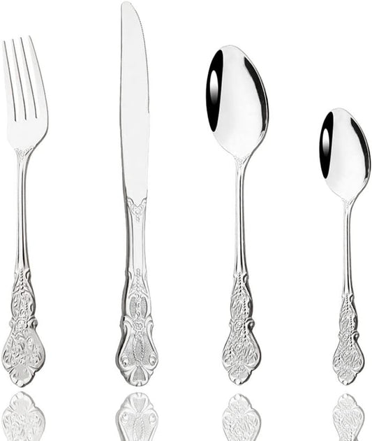 JASHII Silverware Set 4 Piece Family Dinnerware Set Flatware Set for 1 Silver Tableware Set Great for Family Gatherings & Daily Use-Spoons, Knives, Teaspoons, Forks (Silver）