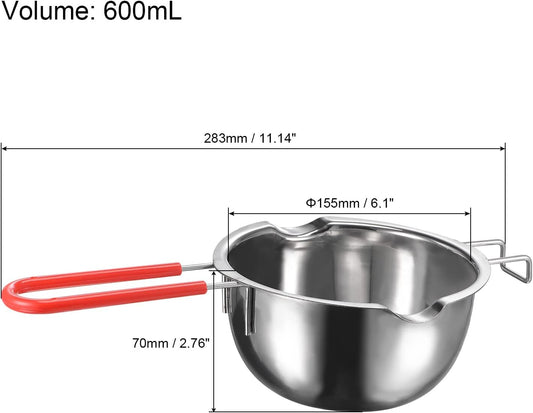 MECCANIXITY Double Boiler Pot 600ml 304 Stainless Steel with Red Heat Resistant Handle for Candle Making