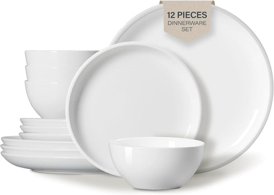 ONEMORE Plates and Bowls Set for 4 - Microwave & Dishwasher Safe Porcelain Dinnerware Set Service for 4 - Ceramic Dishes Set(12 Pcs) - White