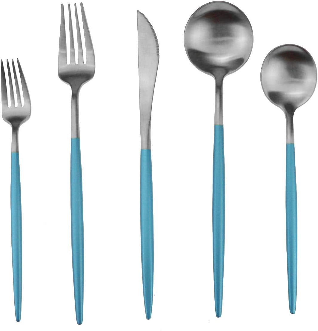 Gugrida Luxury Flatware, Royal 5 Piece Matte Blue Handle 18/10 Stainless Steel Tableware Sets for 1 Including Forks Spoons Knives, Camping Silverware Travel Utensils Set Cutlery (Blue Silver)