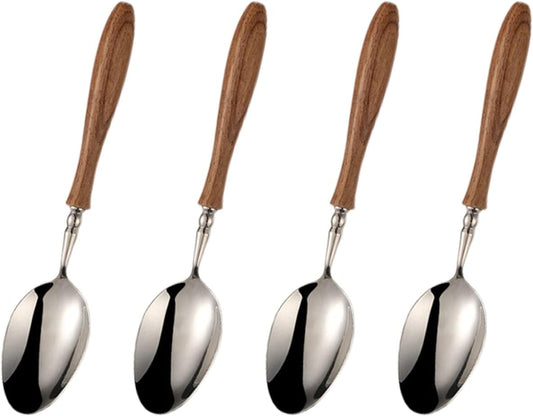 Teaspoons Set of 4, 5.9 Inch Stainless Steel Dessert Spoon with Wood Handle, Small Spoons Cutlery for Dessert/Coffee/Tea, Espresso Spoons Use for Home Party Restaurant, Kitchen Accessories