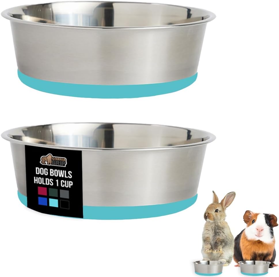 GORILLA GRIP Set of 2 Dog Bowls, Heavy Duty Metal Food and Water Bowl for Feeding Dogs and Cats, Dishwasher Safe, Rust Resistant Stainless Steel, BPA Free Rubber Base, Holds 1 Cup (8 fl oz), Turquoise