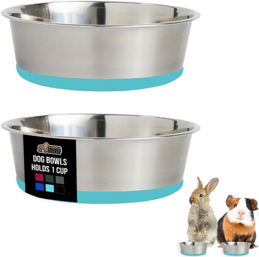 GORILLA GRIP Set of 2 Dog Bowls, Heavy Duty Metal Food and Water Bowl for Feeding Dogs and Cats, Dishwasher Safe, Rust Resistant Stainless Steel, BPA Free Rubber Base, Holds 1 Cup (8 fl oz), Turquoise