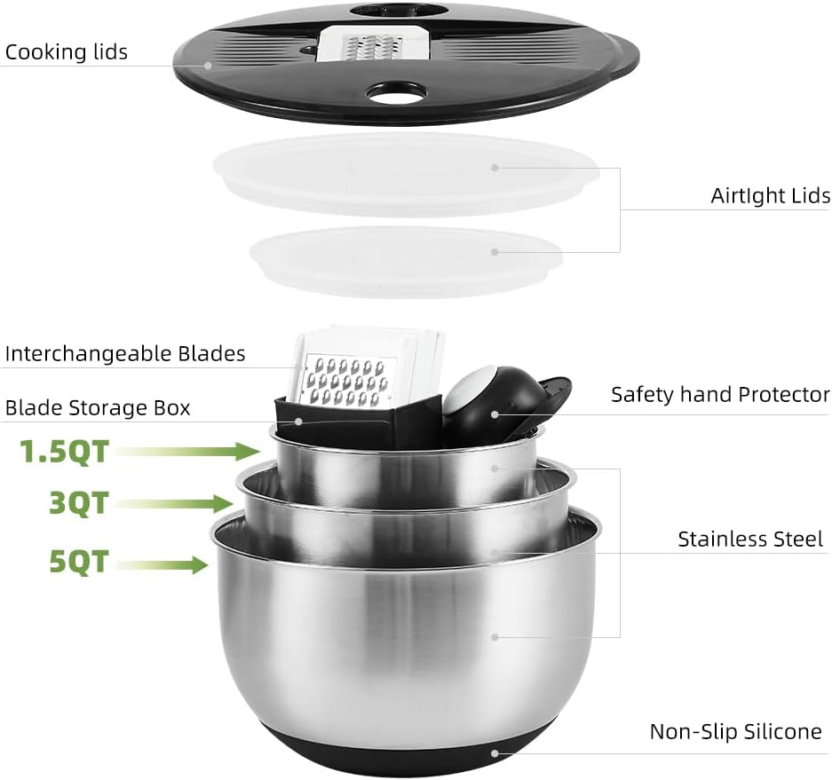 Mixing Bowls with Lids Set,Pack of 3 Stainless Steel Nesting Bowls with Grater Airtight Lids Non-Slip Bottoms for Slicing,Shredding,Grating,Mixing,Cooking,Baking(Black)