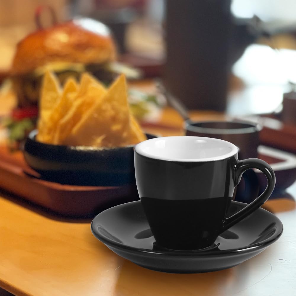homEdge Porcelain Espresso Shot Cup Set with Saucers and Stainless Steel Spoons - 80 ml / 2.67 oz, Set of 4, Black