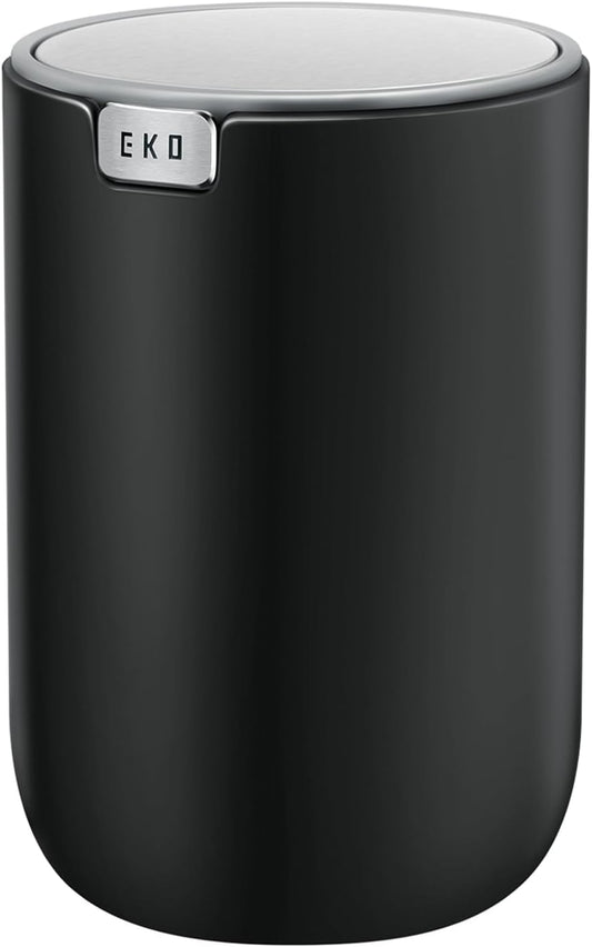EKO Mini Desk Trash Can with Swing-Top Lid 0.4 Gallon Small Table Round Wastebasket for Office, Home, Car (Black)