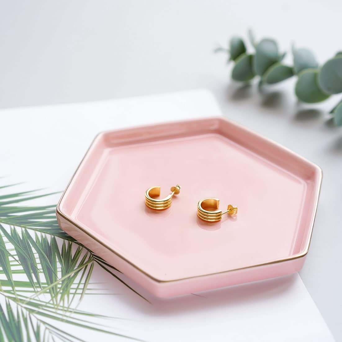 4.7 inch Ceramic Jewelry Dish Tray, Small Ring Holder Dish, Pink Catch All Trinket Tray for Keys Rings Earrings